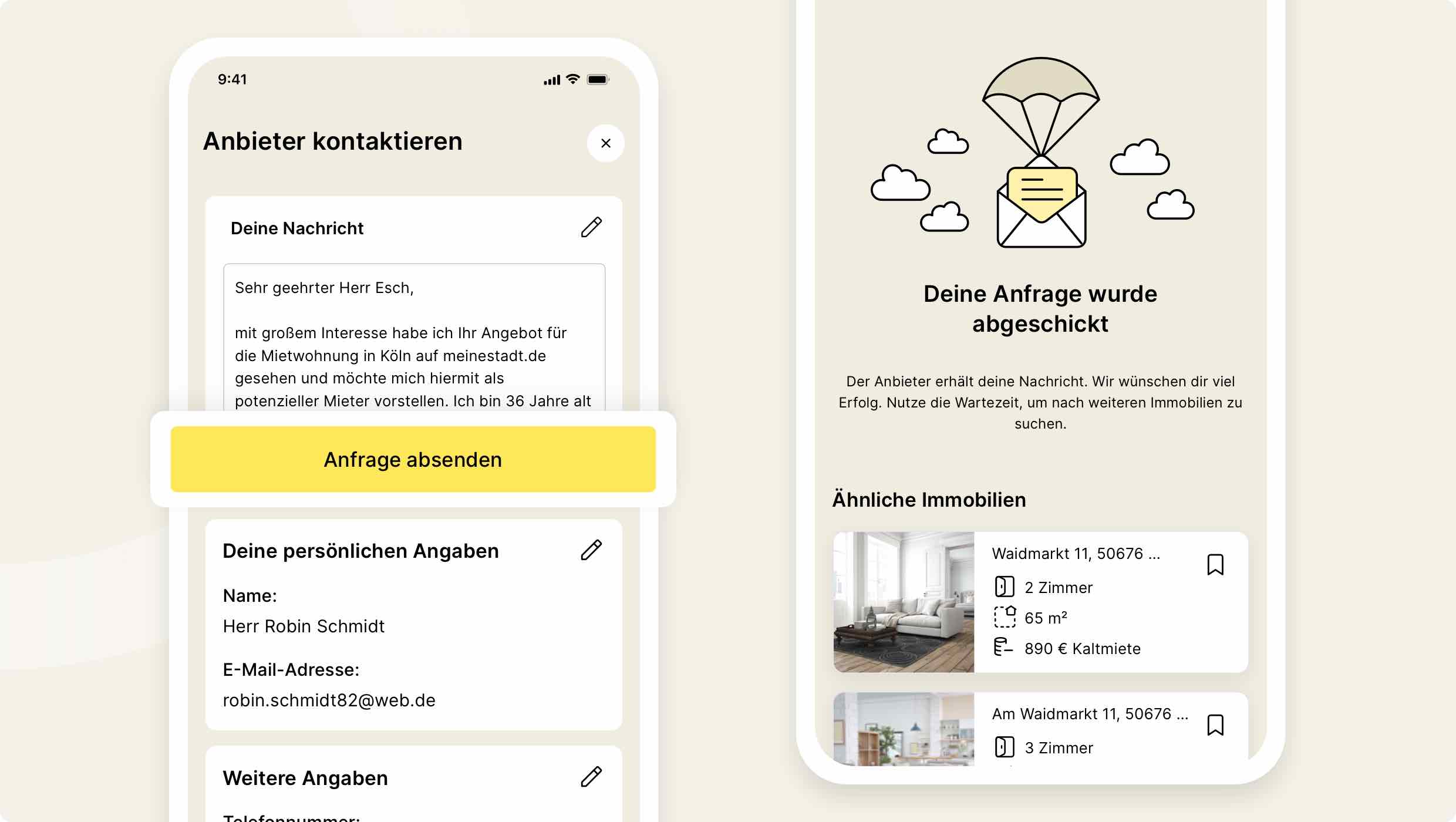 Screenshot in der App: Immobilien-Anbieter kontaktieren